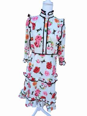Rose & Bees Ruffle Dress M Floral Poplin Victorian Prairie Gucci Inspired